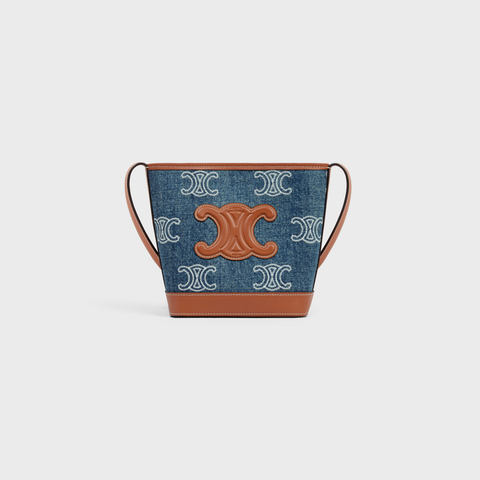 MINI BUCKET CUIR TRIOMPHE IN DENIM WITH TRIOMPHE ALL-OVER EMBROIDERY AND CALFSKIN - Image 1